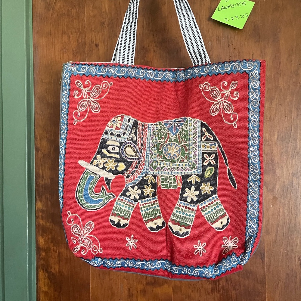 Colorful Elephant Embroidered Tote Bag with zipper